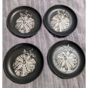 Threshold Appetizer Plates Set of 4 Stoneware Black Embossed Pumpkin Design‎ NEW